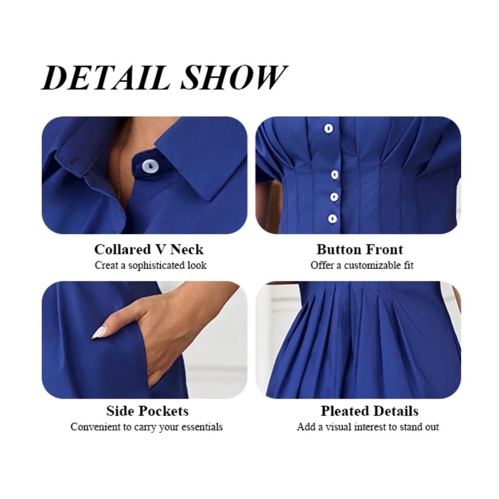 Women Blue White Button Down‎ Shirt Summer Dress Smocked Waist Cotton Medium